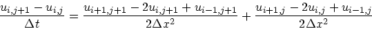 \begin{displaymath}
\frac{u_{i,j+1}-u_{i,j}}{\Delta t} =
\frac{u_{i+1,j+1}-2u_{...
...\Delta x^2} +
\frac{u_{i+1,j}-2u_{i,j}+u_{i-1,j}}{2\Delta x^2}
\end{displaymath}